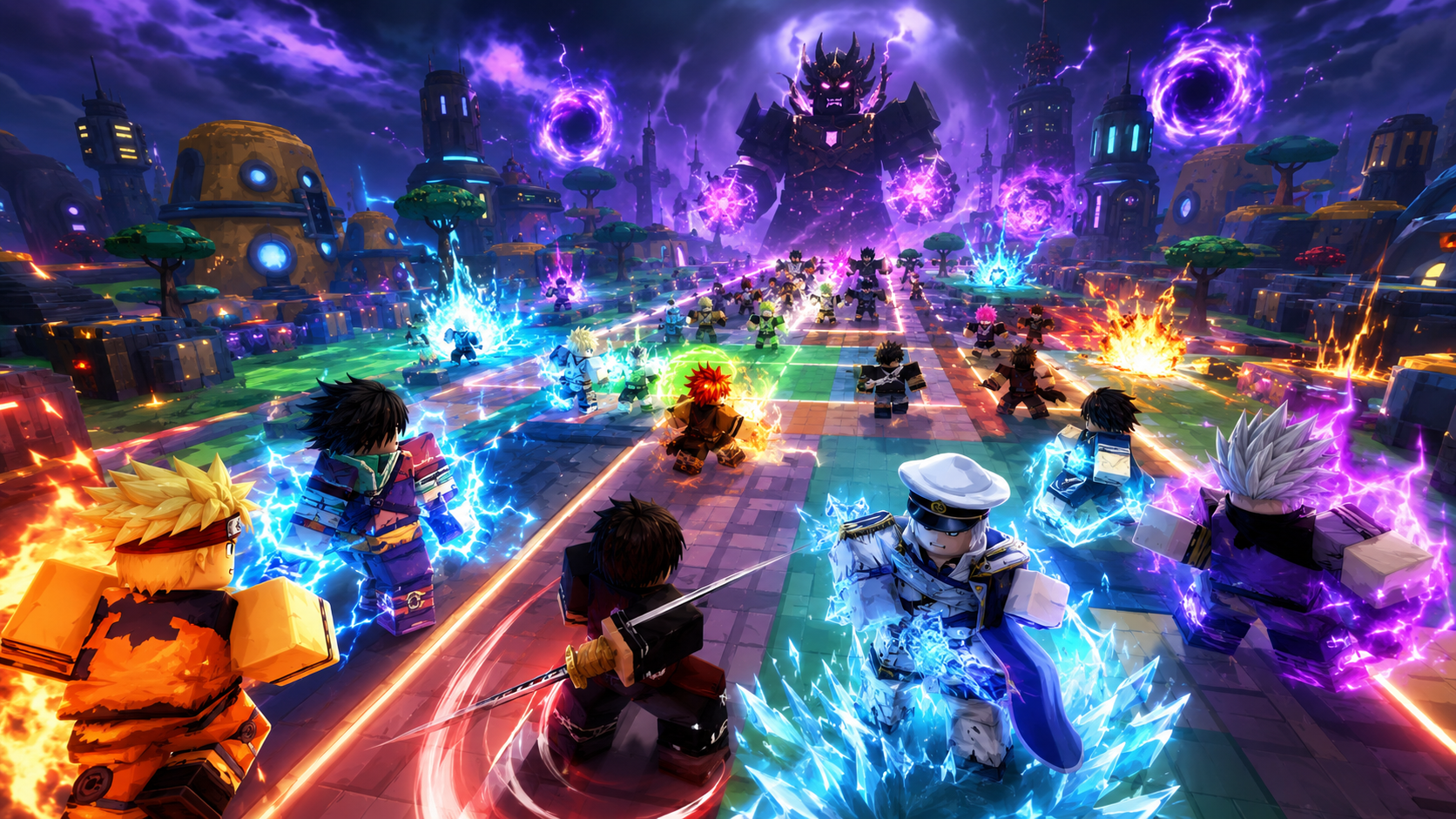 Wallpaper All Star Tower Defense 4K phong cách Roblox với dàn anh hùng anime phòng thủ trong đấu trường tương lai, hiệu ứng lửa, băng, sét và boss khổng lồ.