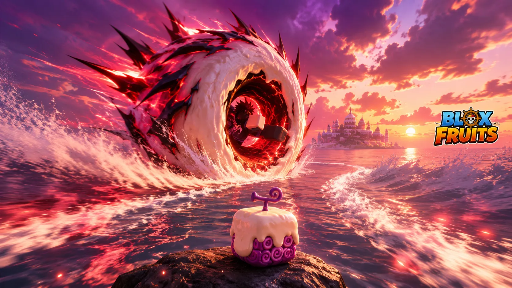 Hình nền Roblox Blox Fruits với Trái Mochi trước vòng xoáy đỏ trên biển lúc hoàng hôn, dành cho PC 1672x941