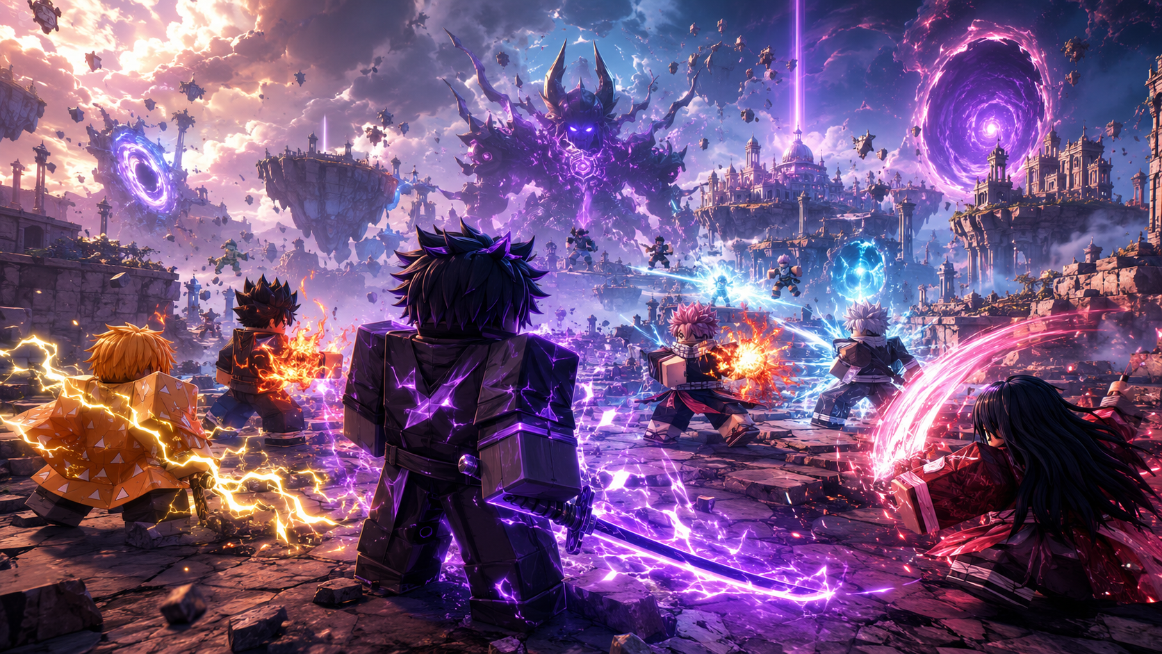 Wallpaper Anime Dimensions Simulator 4K phong cách Roblox với đội hình anime chiến đấu trong không gian vỡ nát, cổng chiều không gian và boss khổng lồ.