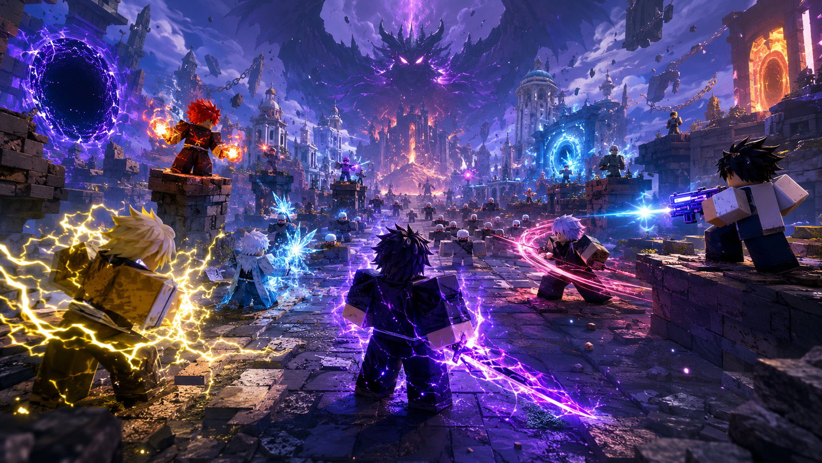 Wallpaper Anime World Tower Defense 4K phong cách Roblox với đội hình anime phòng thủ trước làn sóng quái trong thành cổ đổ nát, cổng không gian và boss bóng tối.