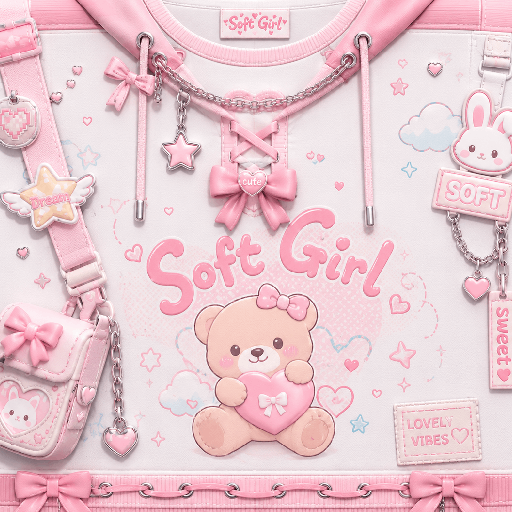 Áo Roblox cute Soft Girl màu hồng pastel với gấu teddy và phụ kiện kawaii