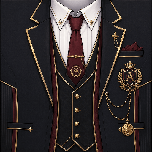 Mẫu áo vest Roblox anime màu đen với sơ mi trắng, cà vạt đỏ đô, viền vàng, huy hiệu chữ A và dây xích trang trí