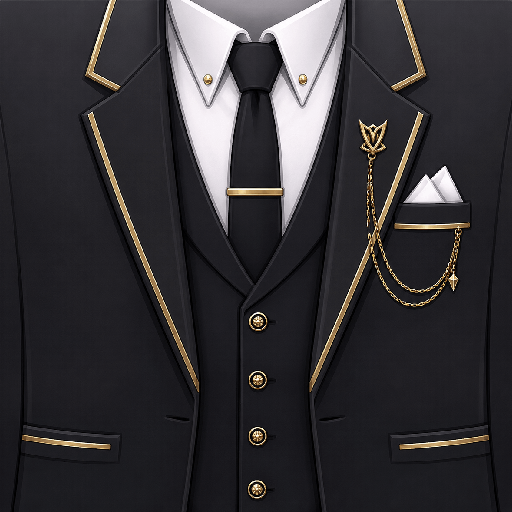 Mẫu áo vest Roblox boy phố màu đen phối vàng, kết hợp sơ mi trắng, cà vạt đen và phụ kiện dây xích thanh lịch.