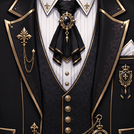 Mẫu áo vest Roblox butler anime màu đen sang trọng với sơ mi trắng, nơ cổ, viền vàng và dây đồng hồ trang trí