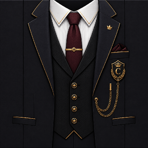 Mẫu áo vest Roblox CEO màu đen phối vàng, kết hợp sơ mi trắng, cà vạt đỏ đô và phụ kiện dây xích sang trọng.