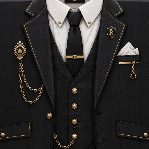 Áo vest Roblox cổ điển màu đen sang trọng với cà vạt, huy hiệu và dây đồng hồ phong cách quý ông
