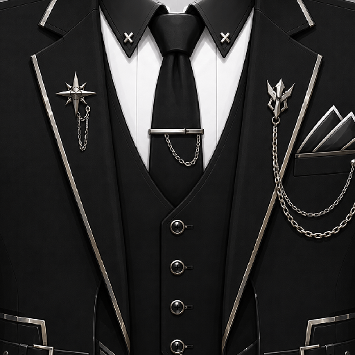 Mẫu áo vest Roblox cool ngầu màu đen phối bạc, nổi bật với ve áo sắc nét, cà vạt và phụ kiện dây xích cá tính.