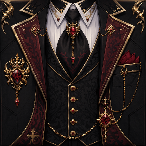 Mẫu áo vest Roblox demon lord màu đen đỏ với viền vàng, đá đỏ, huy hiệu gothic và dây xích trang trí
