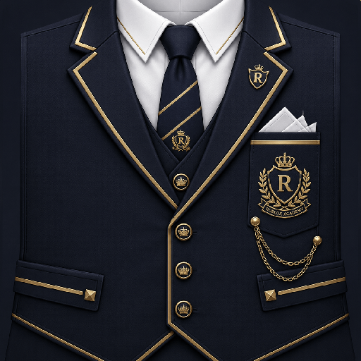 Mẫu áo vest Roblox đồng phục màu navy phối vàng, kết hợp sơ mi trắng, cà vạt sọc và huy hiệu học viện nổi bật.