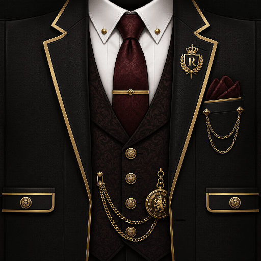 Mẫu áo vest Roblox gangster màu đen sang trọng với sơ mi trắng, cà vạt đỏ đô, viền vàng và dây đồng hồ trang trí