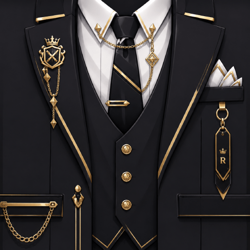 Áo vest Roblox hiện đại màu đen vàng sang trọng với cà vạt, huy hiệu và phụ kiện luxury phong cách quý ông