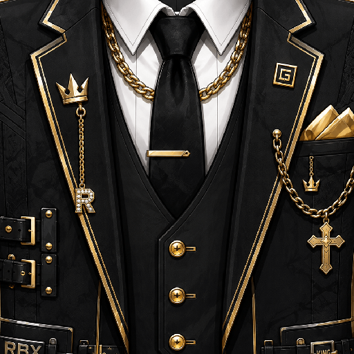 Mẫu áo vest Roblox hip hop màu đen phối vàng, nổi bật với dây chuyền bản lớn, đai khóa và phụ kiện vương miện cá tính.