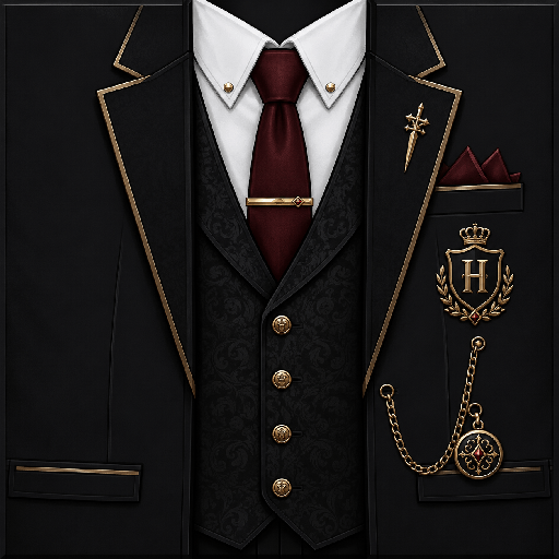 Mẫu áo vest Roblox hitman màu đen sang trọng với sơ mi trắng, cà vạt đỏ đô, viền vàng và huy hiệu chữ H nổi bật