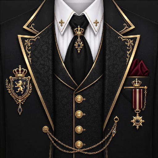 Mẫu áo vest Roblox hoàng tử màu đen sang trọng với sơ mi trắng, cravat đen, viền vàng, huy hiệu vương miện và dây xích trang trí
