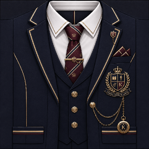 Mẫu áo vest Roblox học sinh Hàn màu navy với sơ mi trắng, cà vạt đỏ đô, huy hiệu trường và dây xích vàng trang trí