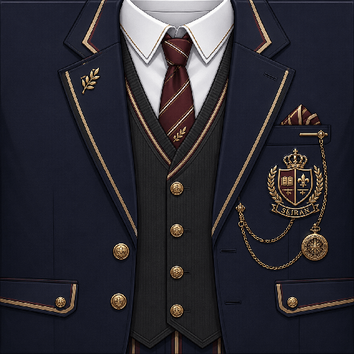 Mẫu áo vest Roblox học sinh Nhật màu navy với sơ mi trắng, cà vạt đỏ đô, huy hiệu trường và phụ kiện dây xích vàng