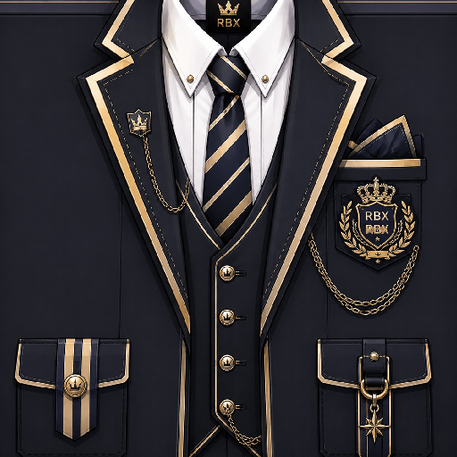 Mẫu áo vest Roblox học sinh màu navy phối vàng, kết hợp sơ mi trắng, cà vạt sọc và huy hiệu trường học nổi bật.