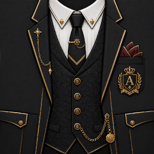 Mẫu áo vest Roblox học viện màu đen sang trọng với viền vàng, sơ mi trắng, cà vạt, huy hiệu và dây đồng hồ cổ điển