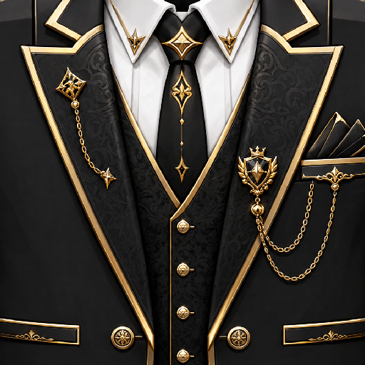 Mẫu áo vest Roblox luxury màu đen phối vàng, nổi bật với ve áo họa tiết, sơ mi trắng và phụ kiện kim loại sang trọng.