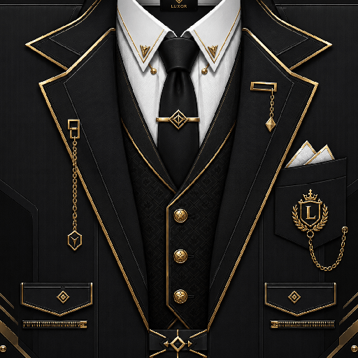 Mẫu áo vest Roblox luxury streetwear màu đen phối vàng, kết hợp phom dáng sang trọng với túi hộp và phụ kiện dây xích hiện đại.