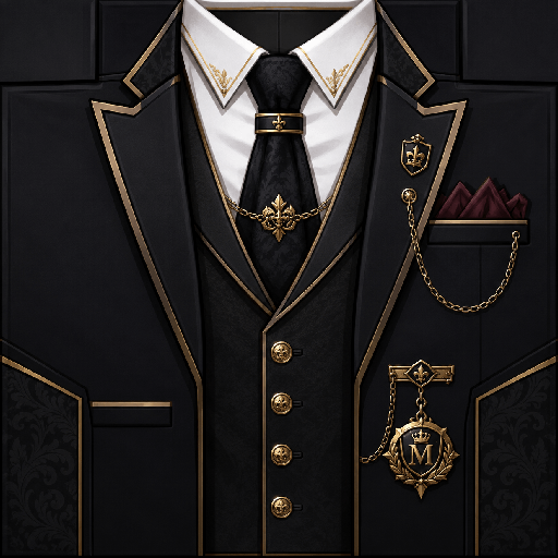 Mẫu áo vest Roblox mafia anime màu đen sang trọng với sơ mi trắng, cà vạt đen, viền vàng và dây xích trang trí