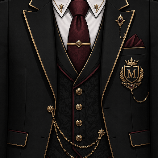 Mẫu áo vest Roblox mafia đen với ve áo viền vàng, cà vạt đỏ đô, huy hiệu chữ M và dây xích trang trí sang trọng