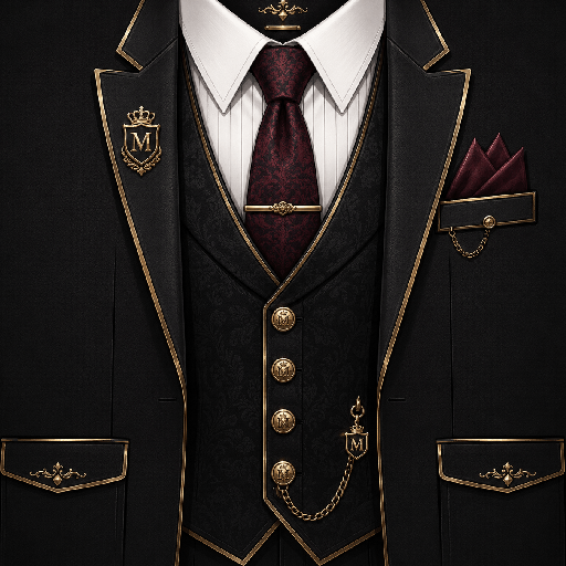 Mẫu áo vest Roblox mafia màu đen sang trọng với sơ mi trắng, cà vạt đỏ đô, viền vàng và dây xích trang trí