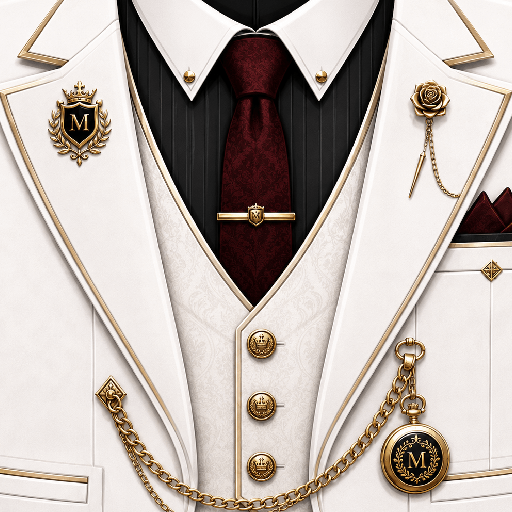 Mẫu áo vest Roblox mafia trắng với ve áo viền vàng, cà vạt đỏ đô, huy hiệu chữ M và đồng hồ bỏ túi sang trọng