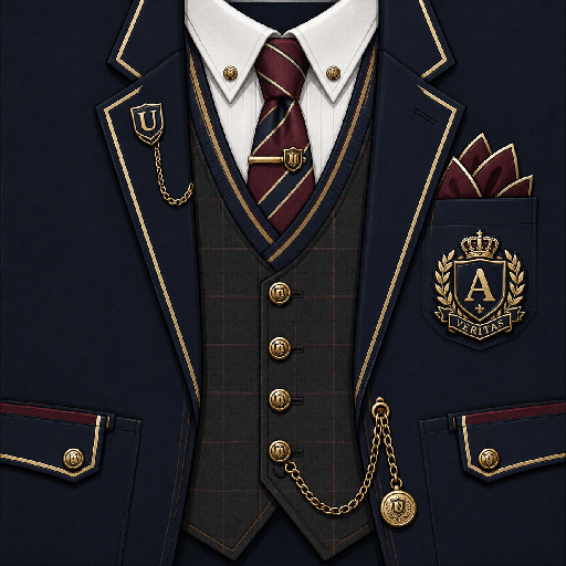 Mẫu áo vest Roblox preppy màu navy sang trọng với sơ mi trắng, cà vạt đỏ đô, huy hiệu học viện và chi tiết viền vàng nổi bật