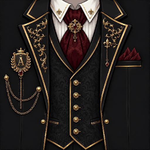 Mẫu áo vest Roblox quý tộc màu đen sang trọng với cravat đỏ đô, viền vàng, huy hiệu chữ A và dây xích trang trí