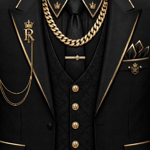 Mẫu áo vest Roblox rapper màu đen phối vàng, nổi bật với dây chuyền bản lớn, họa tiết vương miện và phụ kiện kim loại sang trọng.