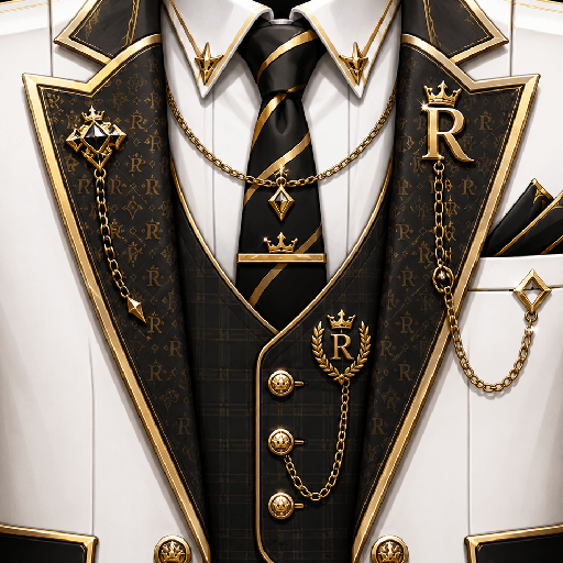 Mẫu áo vest Roblox rich kid màu trắng phối đen và vàng, nổi bật với ve áo họa tiết, cà vạt cùng phụ kiện dây xích sang trọng.