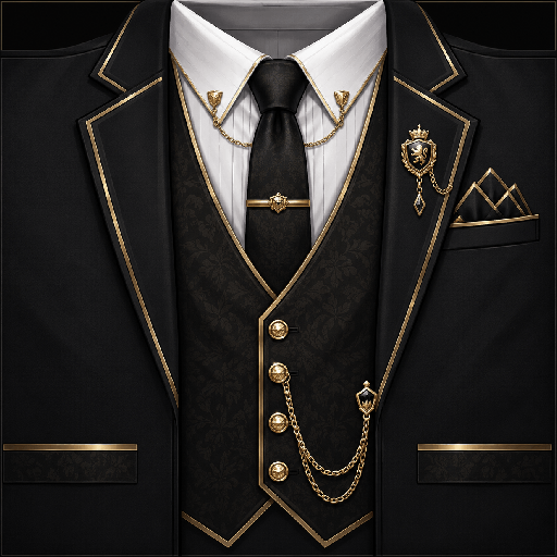 Mẫu áo vest Roblox sang trọng màu đen phối vàng, kết hợp sơ mi trắng, cà vạt họa tiết và phụ kiện dây xích tinh tế.