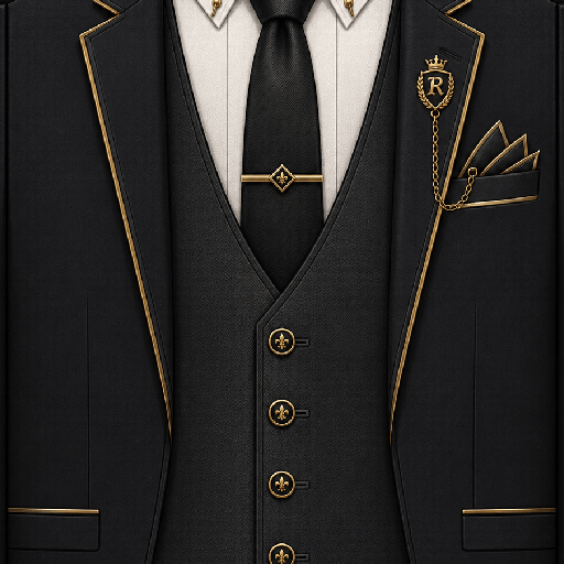 Mẫu áo vest Roblox slim fit màu đen phối vàng, kết hợp sơ mi trắng, cà vạt và các chi tiết phụ kiện sang trọng.