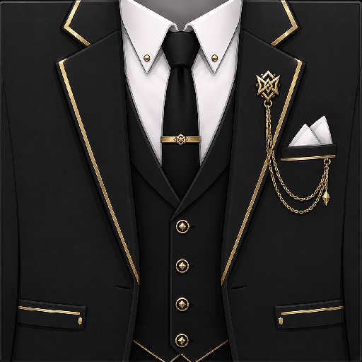 Mẫu áo vest Roblox streetwear màu đen phối vàng, kết hợp sơ mi trắng, cà vạt và phụ kiện dây xích hiện đại.