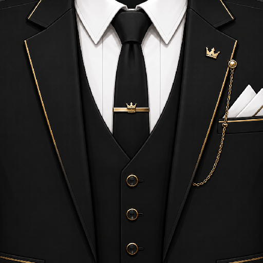 Mẫu áo vest Roblox tối giản màu đen phối trắng, tạo điểm nhấn bằng đường viền vàng và phụ kiện vương miện tinh tế.