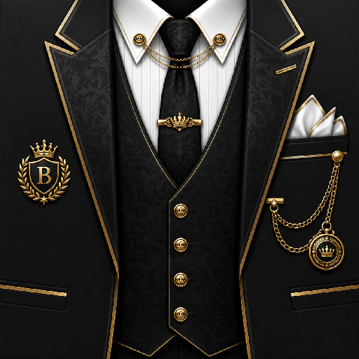 Mẫu áo vest Roblox tỷ phú màu đen phối vàng, nổi bật với họa tiết hoàng gia, sơ mi trắng và phụ kiện đồng hồ bỏ túi sang trọng.