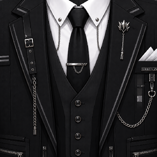 Mẫu áo vest Roblox urban màu đen phối bạc, kết hợp phom dáng lịch lãm với dây xích, khóa kim loại và túi khóa kéo hiện đại.