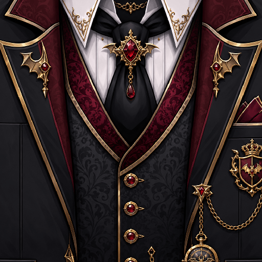 Mẫu áo vest Roblox vampire màu đen đỏ với cổ sơ mi trắng, đá đỏ, viền vàng, huy hiệu dơi và dây xích trang trí