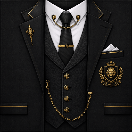 Mẫu áo vest Roblox vệ sĩ màu đen sang trọng với sơ mi trắng, cà vạt đen, viền vàng và huy hiệu bảo vệ cao cấp