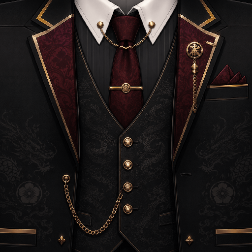 Mẫu áo vest Roblox yakuza màu đen đỏ với sơ mi trắng, cà vạt đỏ đô, viền vàng và họa tiết rồng tinh tế.