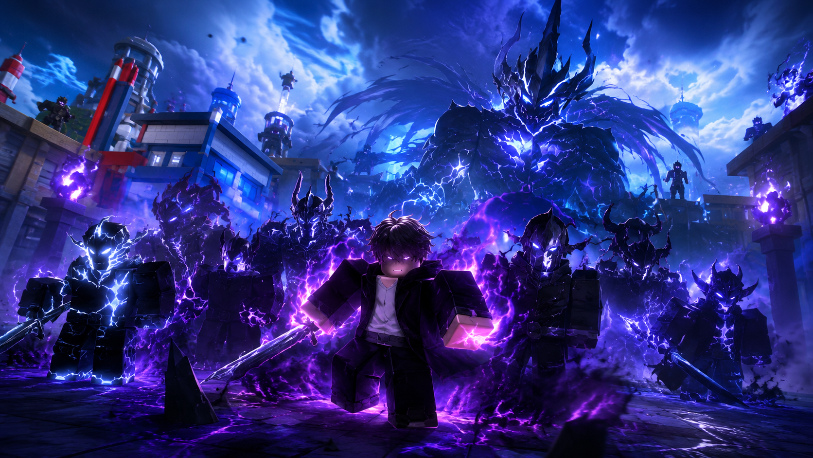 Wallpaper Arise 4K phong cách Roblox với anh hùng bóng tối triệu hồi đội quân shadow trong trận chiến boss đầy năng lượng tím xanh.