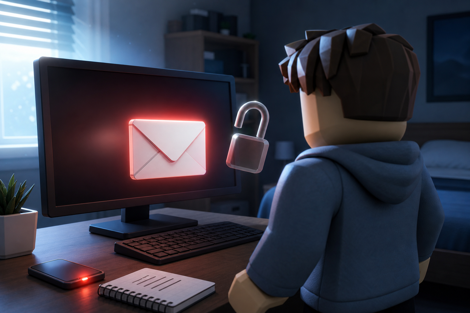 Nhân vật phong cách khối ngồi trước màn hình hiển thị biểu tượng email và ổ khóa mở trong phòng làm việc.