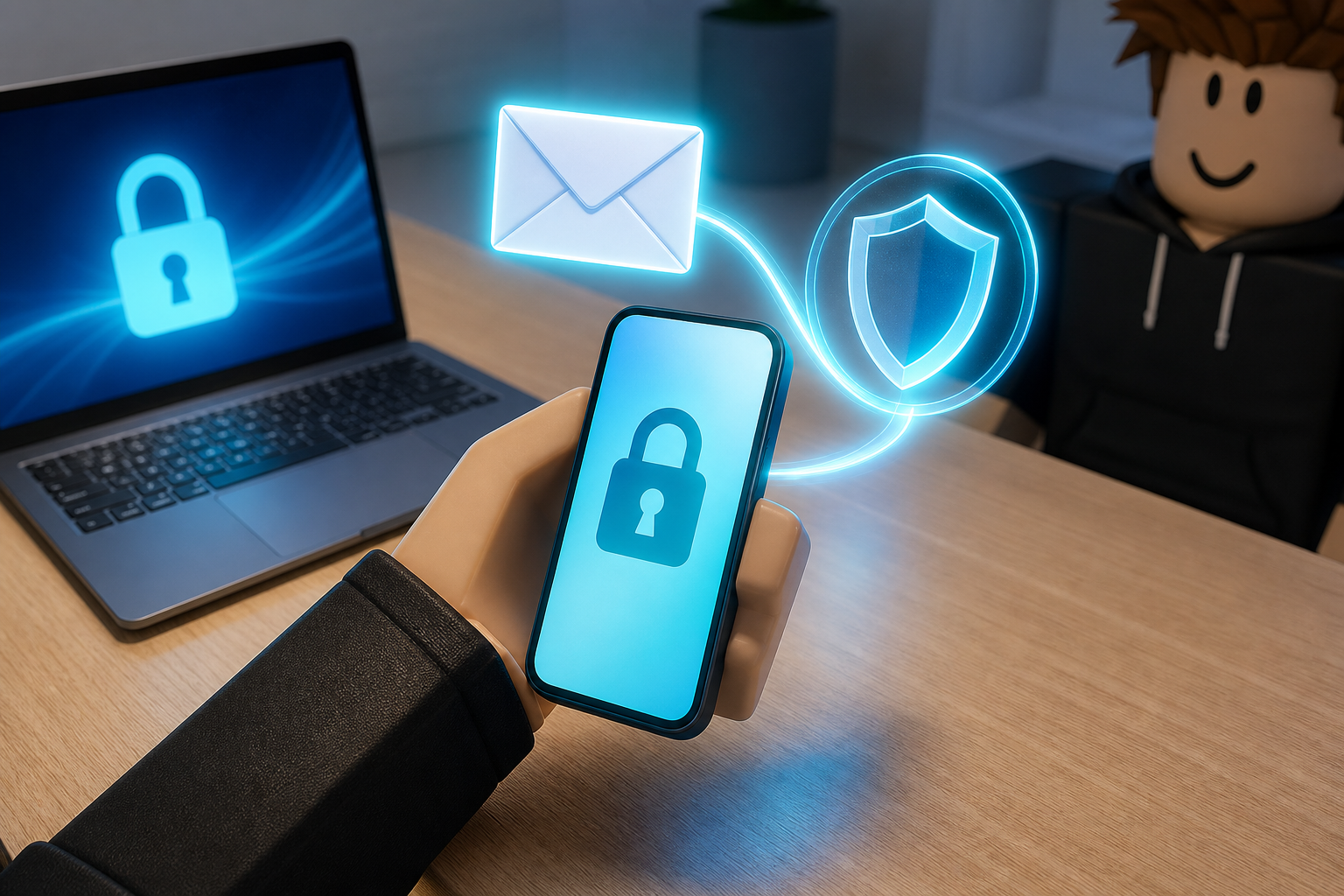 Nhân vật cầm điện thoại hiển thị ổ khóa, cạnh máy tính có biểu tượng email và khiên bảo mật phát sáng.