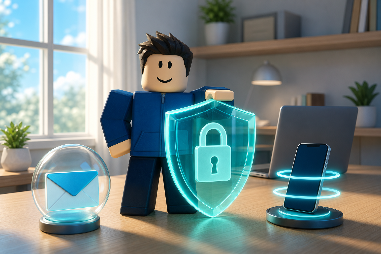 Nhân vật phong cách Roblox đứng cạnh khiên khóa, biểu tượng email và điện thoại trước máy tính xách tay.