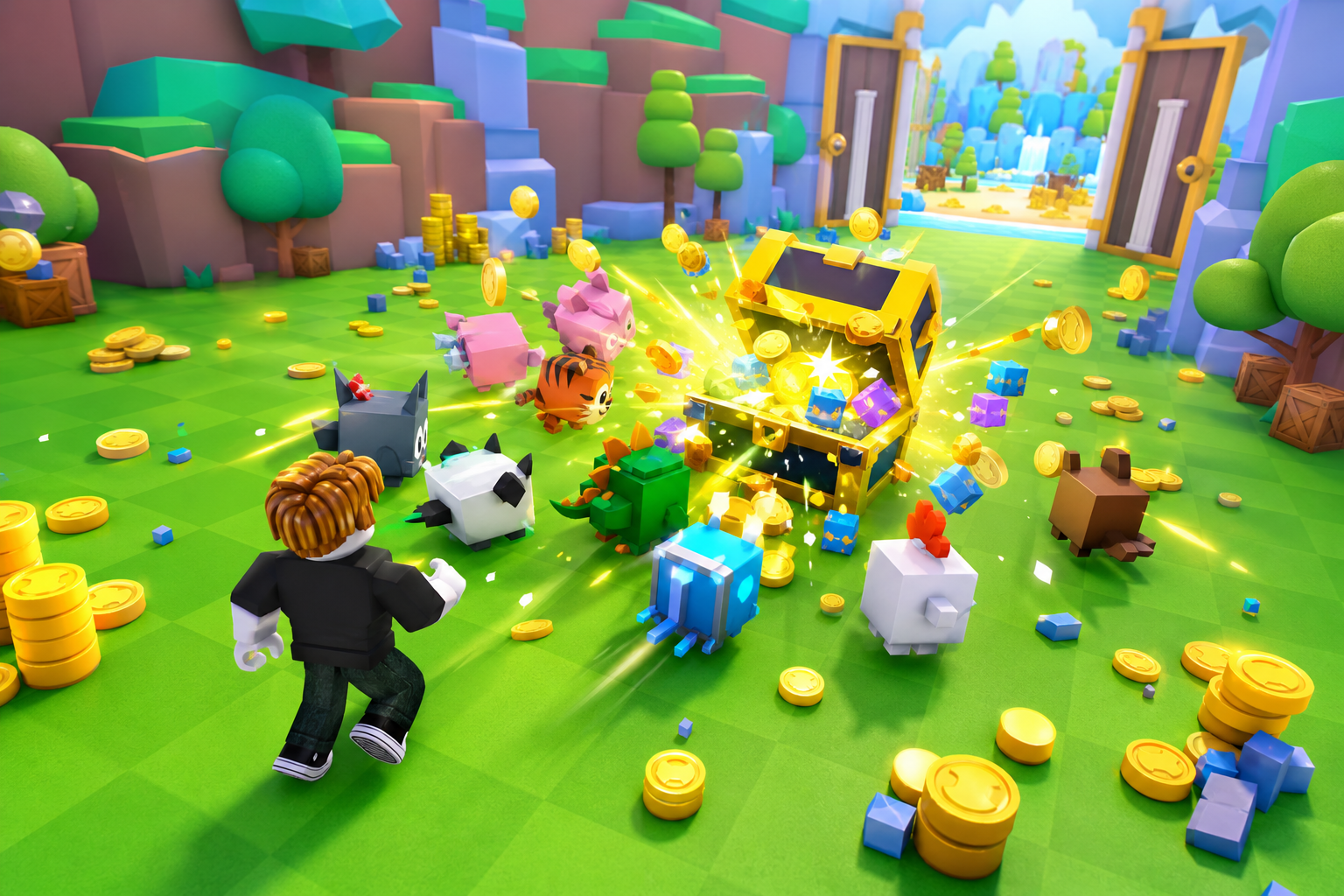 BIG Games Roblox với nhân vật và đàn thú cưng bên rương kho báu mở tung, tiền xu cùng vật phẩm rải trên bãi cỏ