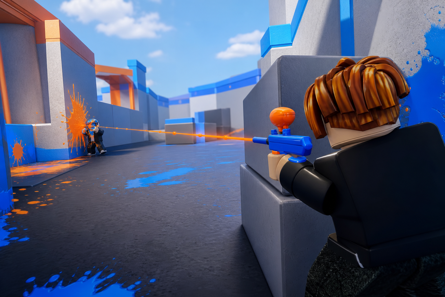 Nhân vật Roblox núp sau tường bắn súng sơn màu cam vào đối thủ trong đấu trường xanh trắng