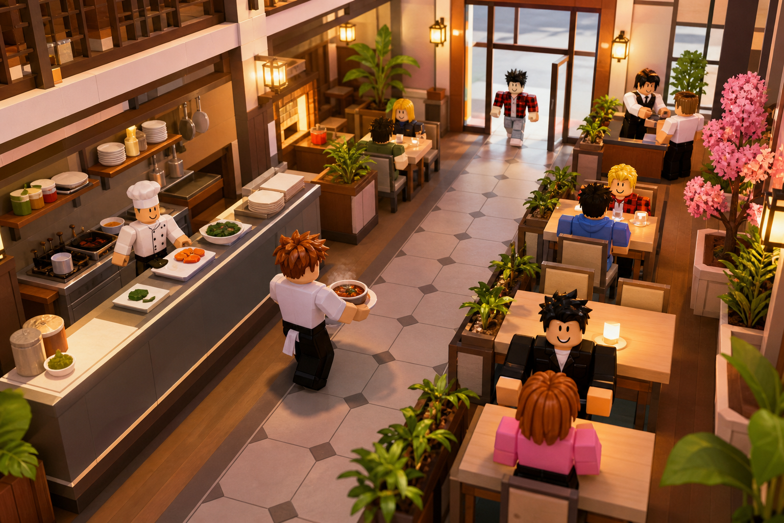 Đầu bếp Roblox bưng một bát món ăn giữa nhà hàng, với khách ngồi tại các bàn và khu bếp ở bên trái.