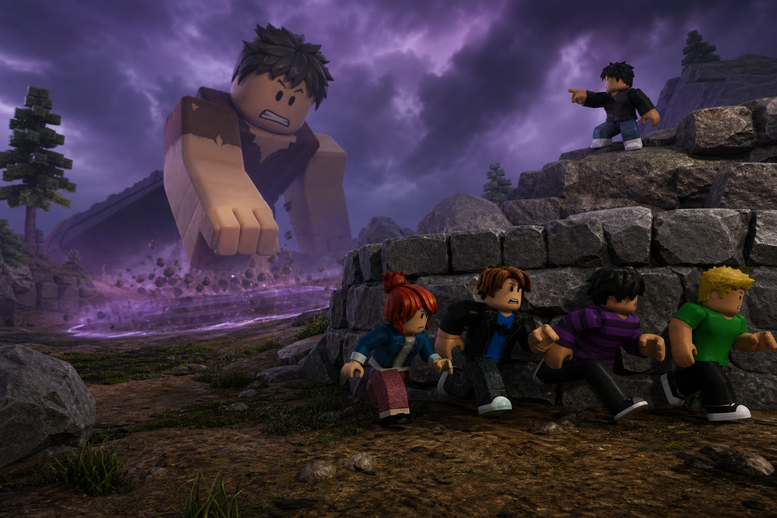 BIG Games Roblox với người khổng lồ tiến đến trong khi bốn nhân vật Roblox chạy qua địa hình đá dưới bầu trời tím
