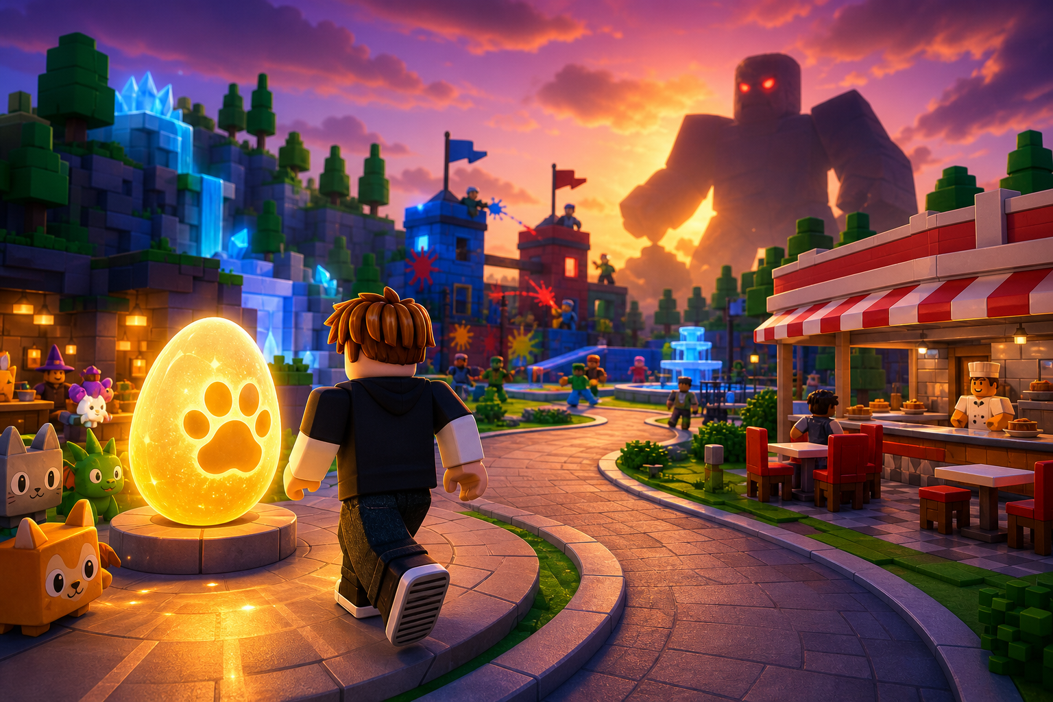 Nhân vật Roblox tiến về quả trứng phát sáng giữa thị trấn nhiều hoạt cảnh